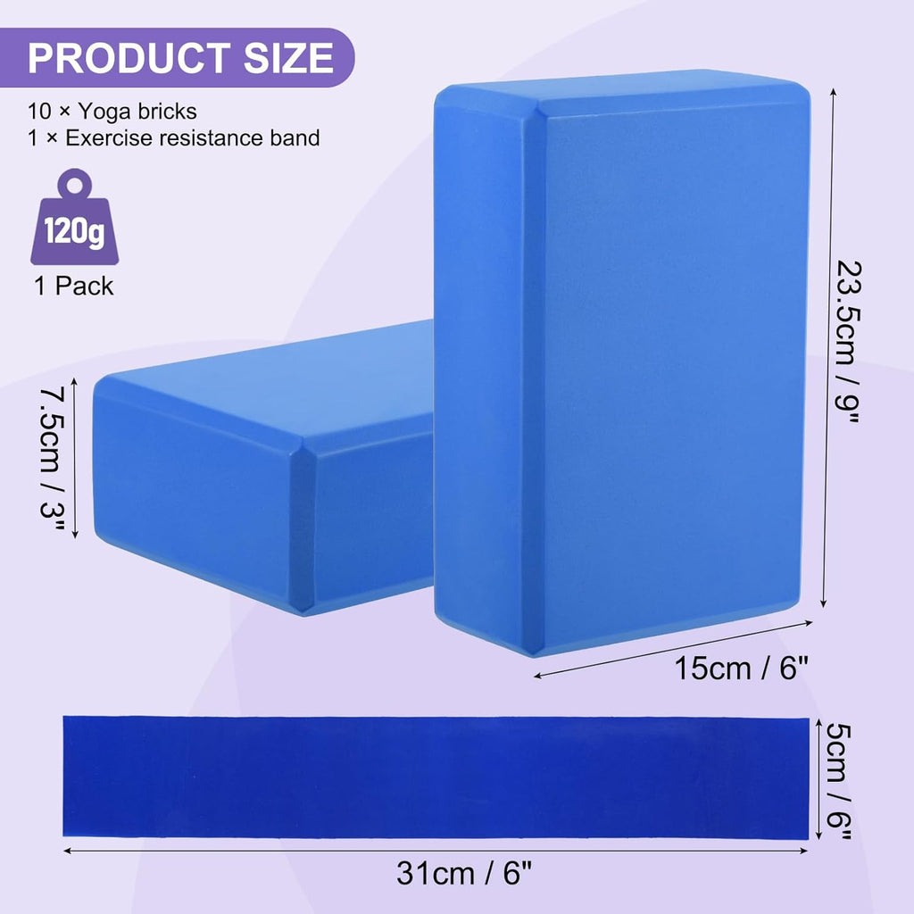 Yoga Block and Resistance Band Set – 10-Piece Kit Featuring High-Density EVA Foam Yoga Blocks (9 x 6 x 3 Inches); Non-Slip and Lightweight—Ideal for Women's Gym Stretching, Yoga, and Pilates Workouts