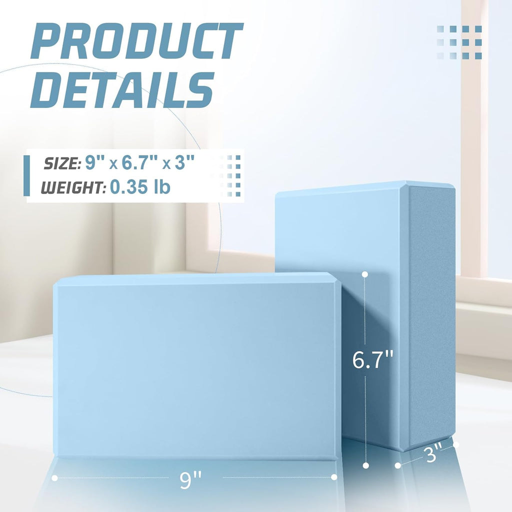 2-Piece EVA Foam Yoga Block Set (3 x 6 x 9-inch), highly supportive, latex-free, featuring beveled edges and a non-slip surface; suitable for Pilates, meditation, balance exercises, stretching, and deep poses.