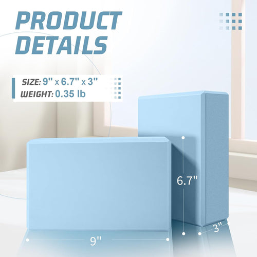 2-Piece EVA Foam Yoga Block Set (3 x 6 x 9-inch), highly supportive, latex-free, featuring beveled edges and a non-slip surface; suitable for Pilates, meditation, balance exercises, stretching, and deep poses.