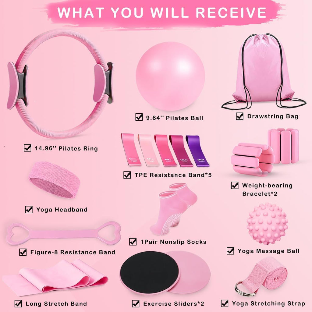 Pilates Kit, Pilates Equipment for Home Workout, Pilates Ring, Pilates Ball, Resistance Band, Yoga Strap, Massage Ball, Wrist/Ankle Weights, Socks for Women Gym Sets, at Home Pilates Kit Gym Sets