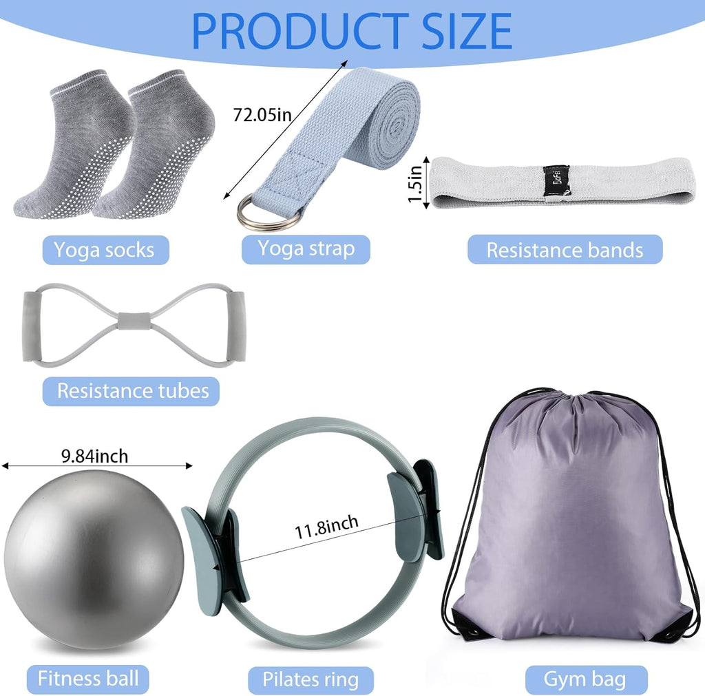 Pilates Equipment Kit for Home Workout Pilates Ring and Ball Set for Women 12'' Circle Yoga Fitness Essentials Kit with Resistance Bands, Yoga Strap, Socks,Bag