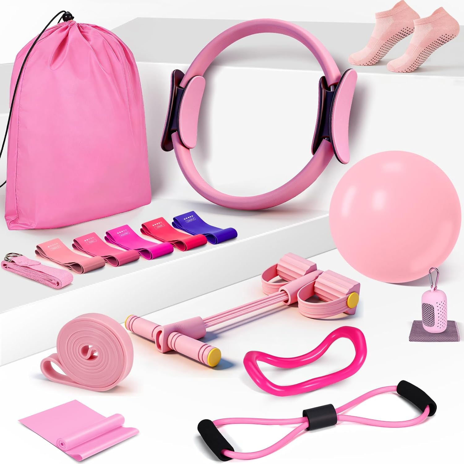 Pilates Essentials Kit for Women 15 Pcs Pilates Equipment for Home Workouts with Yoga Circle Ball Ring, 5 Resistance Bands,Pedal Puller Resistance Band,Anti Slip Socks for Starter Set