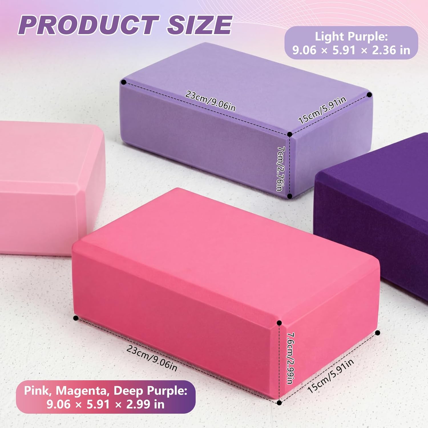 4-piece EVA foam yoga block set (multicolor, soft, non-slip, supportive); lightweight blocks and stretching accessories; suitable for women's Pilates and meditation practice.