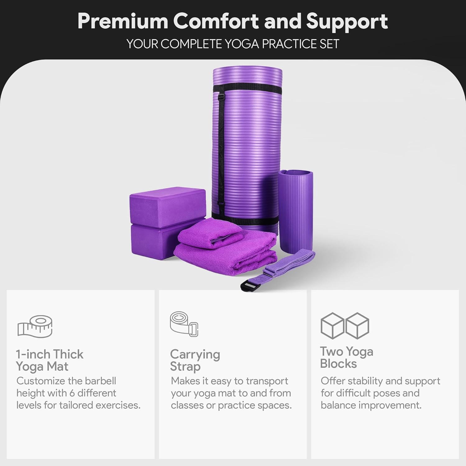 7-Piece Yoga Set with 71x24x1 Inches Extra Thick Mat and Carrying Sling – Includes 2 Blocks, Stretch Strap, 2 Towels, and Knee Pad for Home, Studio, and Gym Workouts