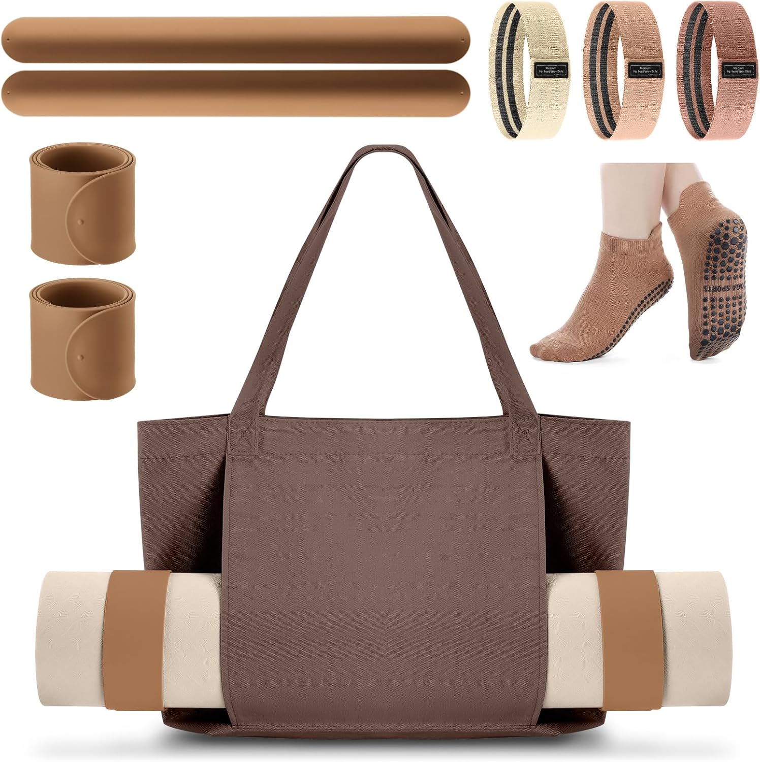 Yoga Bag Set for Women Including Yoga Mat Tote Bag, Booty Resistance Bands, Non Slip Sports Socks Silicone Ties for Pilates Travel Workout Office Home Gym