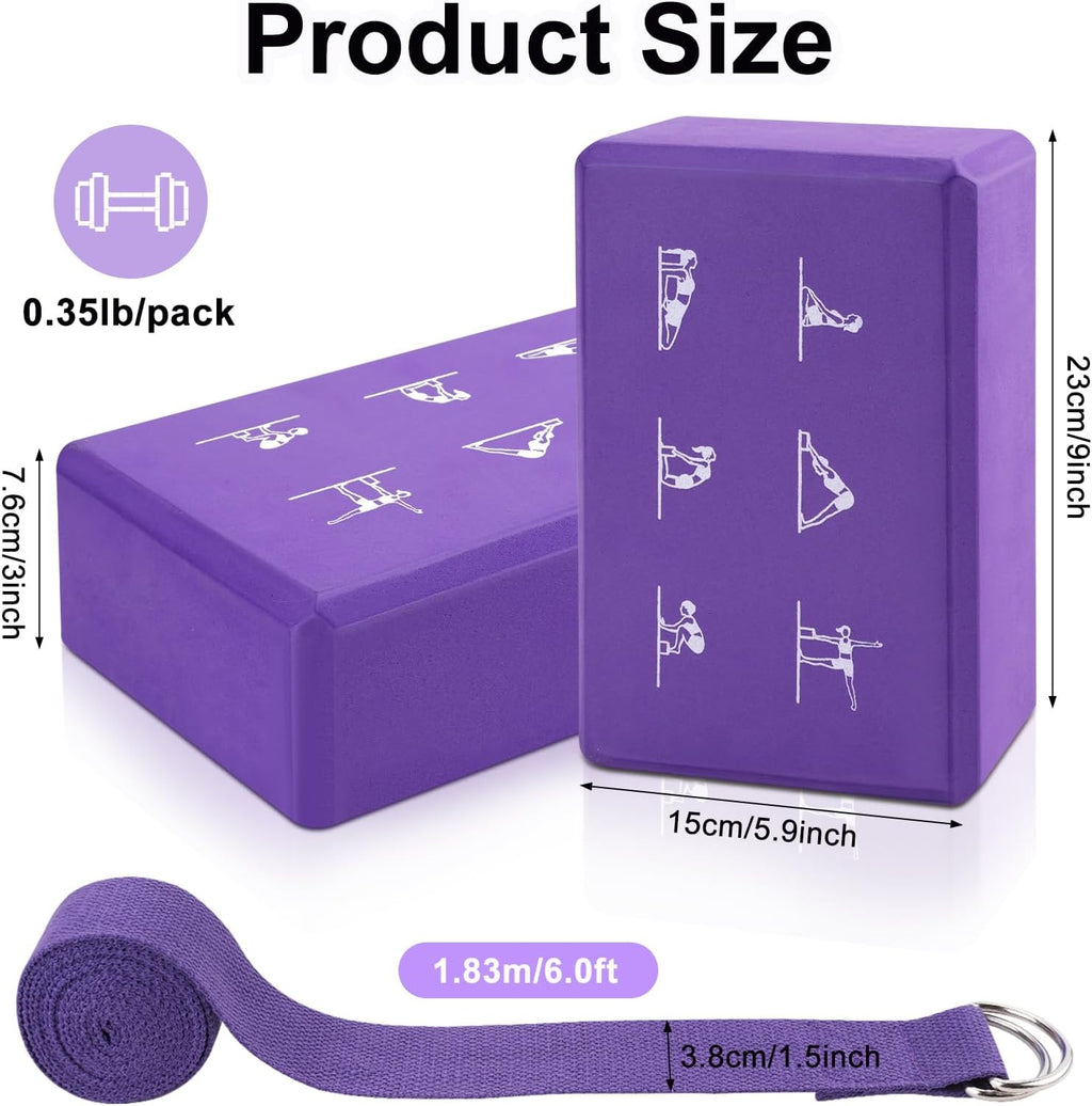 Yoga block and stretching strap combo (2 blocks, 2 straps); non-slip EVA foam blocks; high-density blocks with 6-foot stretching straps; highly supportive and latex-free; suitable for Pilates practice.