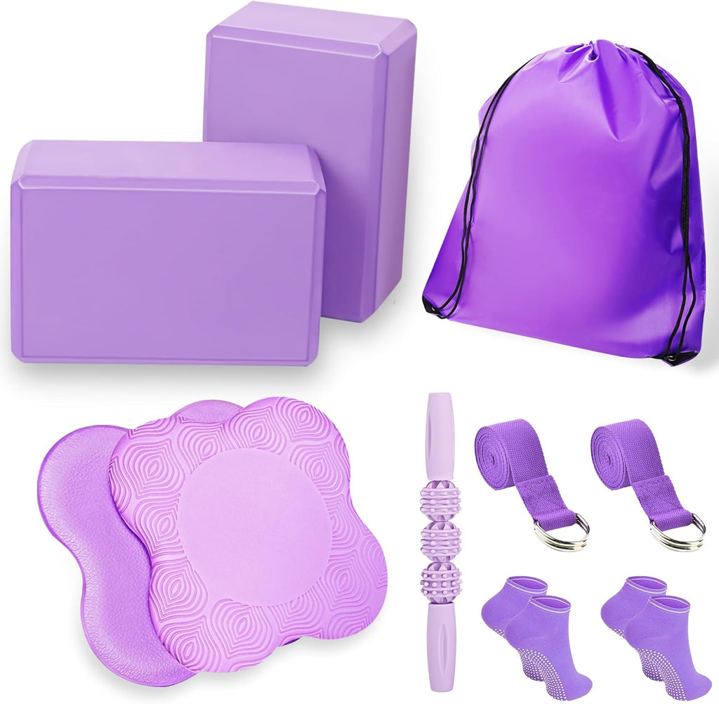 2 Yoga Blocks Supportive Accessories including 2 Knee Pads, 2 With Strap To Put Less Weight On Wrists, 1 Muscle Massage Roller, 2 Pair of Non-Slip Pilates Socks, 1 GYM Bag, Durable Versatile Yoga Brick Exercise Set of 10