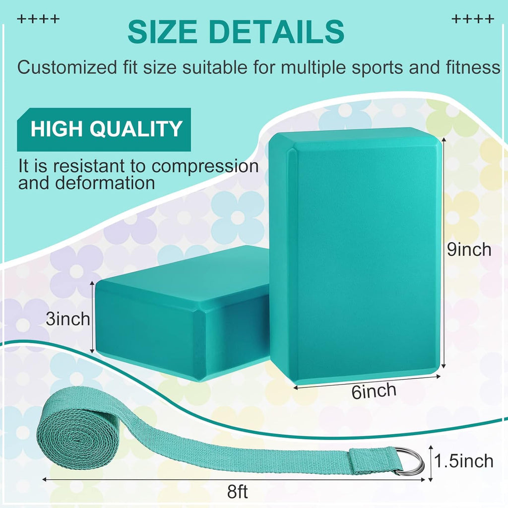 18-piece yoga block and stretching strap set, including 12 EVA foam yoga blocks (9 x 6 x ...3-inch) and 6 adjustable D-ring stretching straps (8 feet long); suitable for stretching, Pilates, gym workouts, and home exercise.