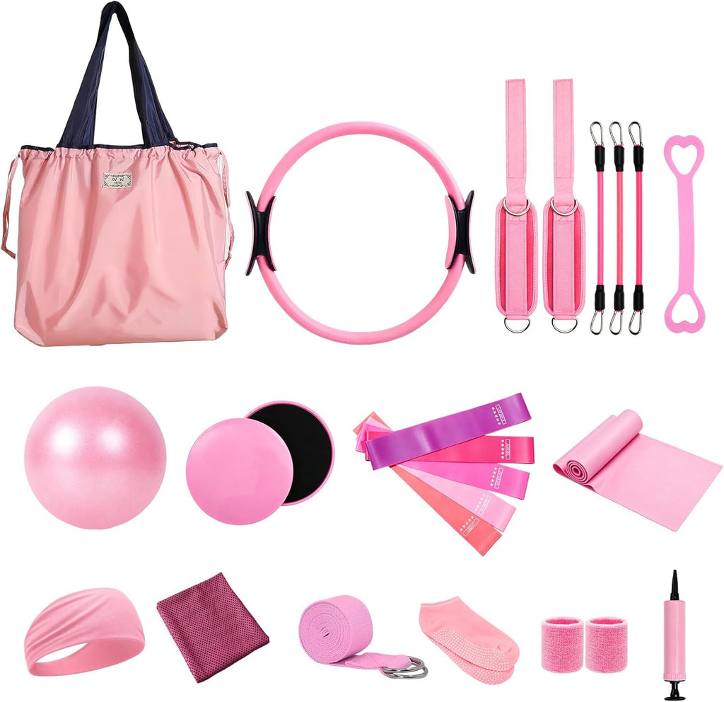 24Pcs Pilates Equipment Home Pilates Kit with 12" Pilates Ring, Yoga Ball, 5 Resistance Bands, Ankle Strap Bands, Gliding Discs, Toning Bar, Stretch Strap, Socks, Workout Set for Full Body Training