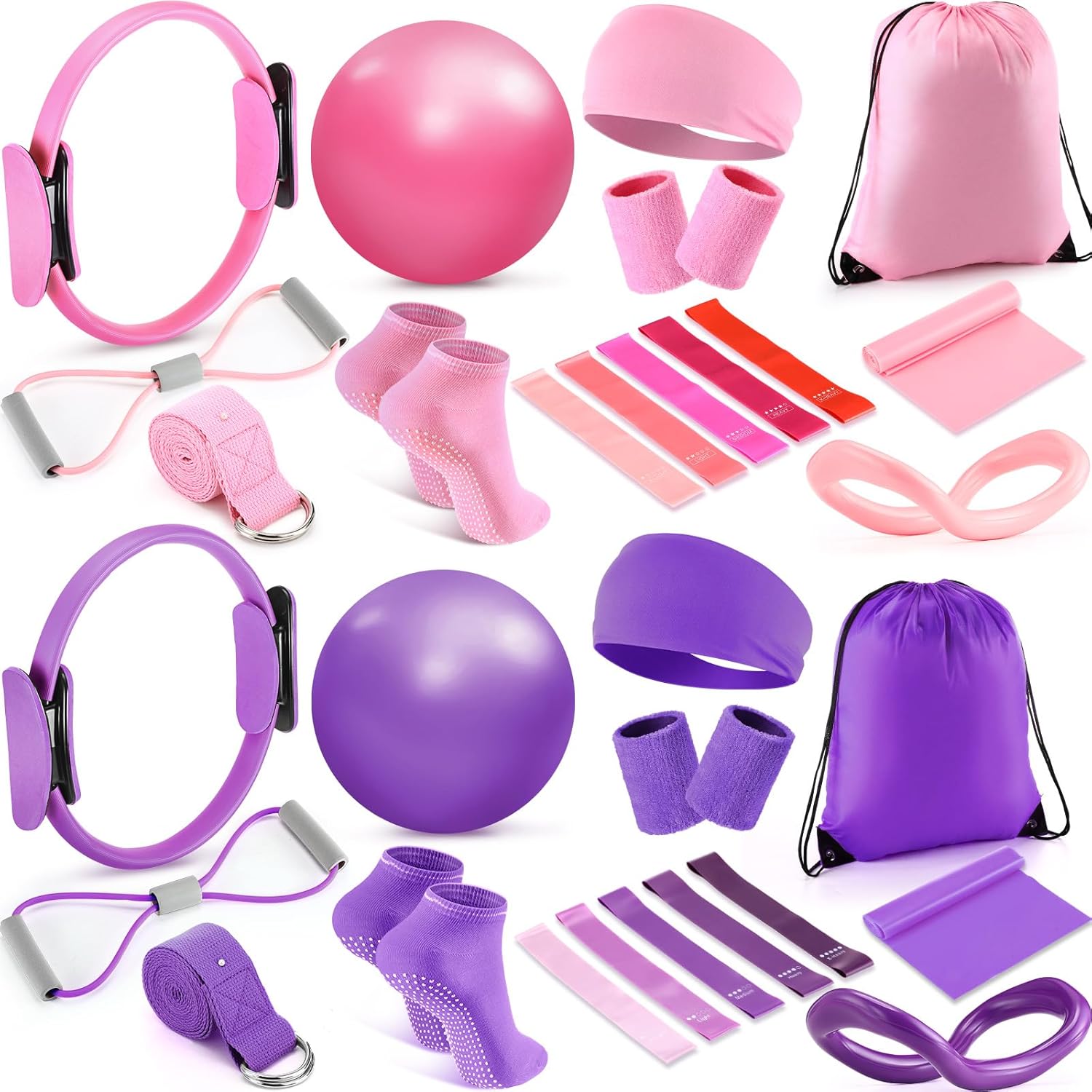 Home Pilates Essentials Kit for Women 30 Pcs Pilates Ring and Ball Equipment Set with Yoga Ball Stretching Strap 8 Shape Resistance Bands Non Slip Sock Wristbands Gym Bags Exercise