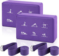 Yoga block and stretching strap combo (2 blocks, 2 straps); non-slip EVA foam blocks; high-density blocks with 6-foot stretching straps; highly supportive and latex-free; suitable for Pilates practice.