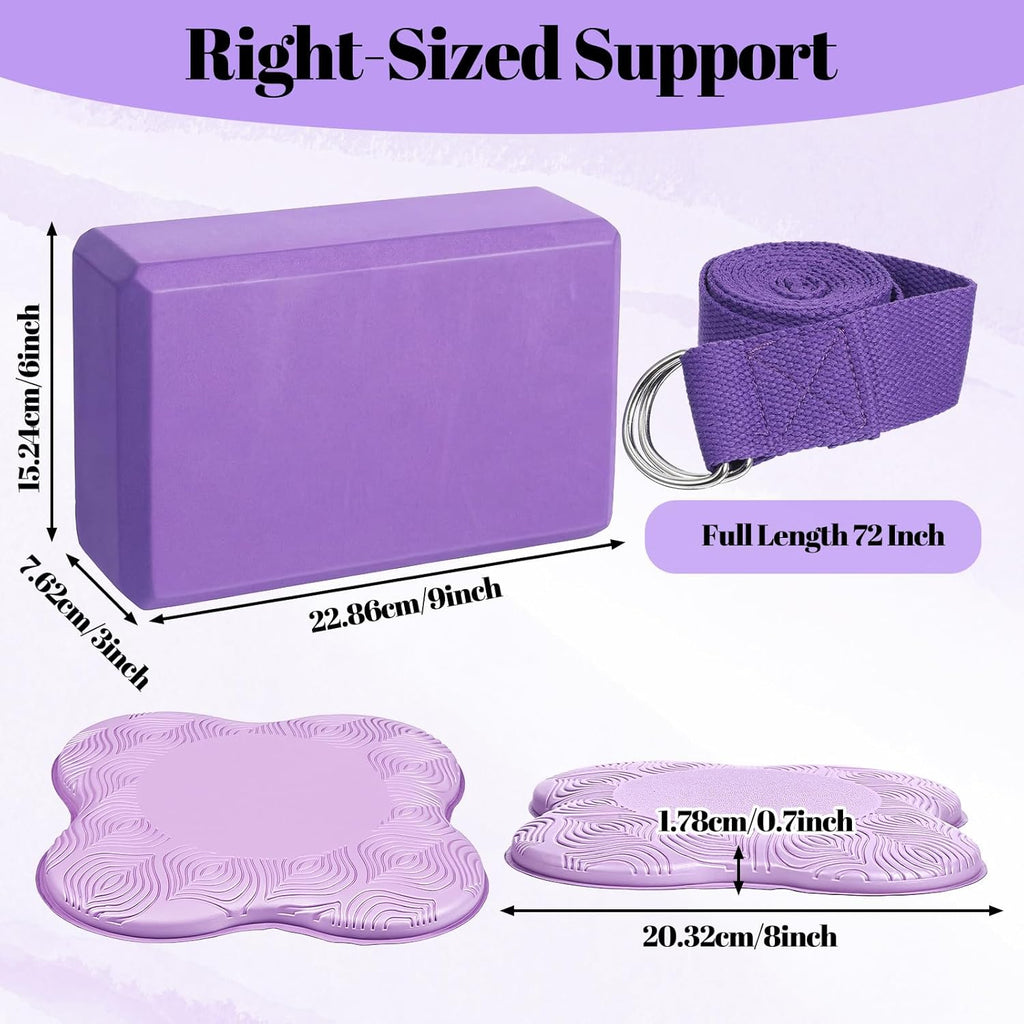 5-piece yoga block, knee pad, and stretching strap combo; soft, premium foam accessories; suitable for Pilates, meditation, general fitness, stable support, kneeling poses, balance exercises, deepening stretches, and toning (Purple).