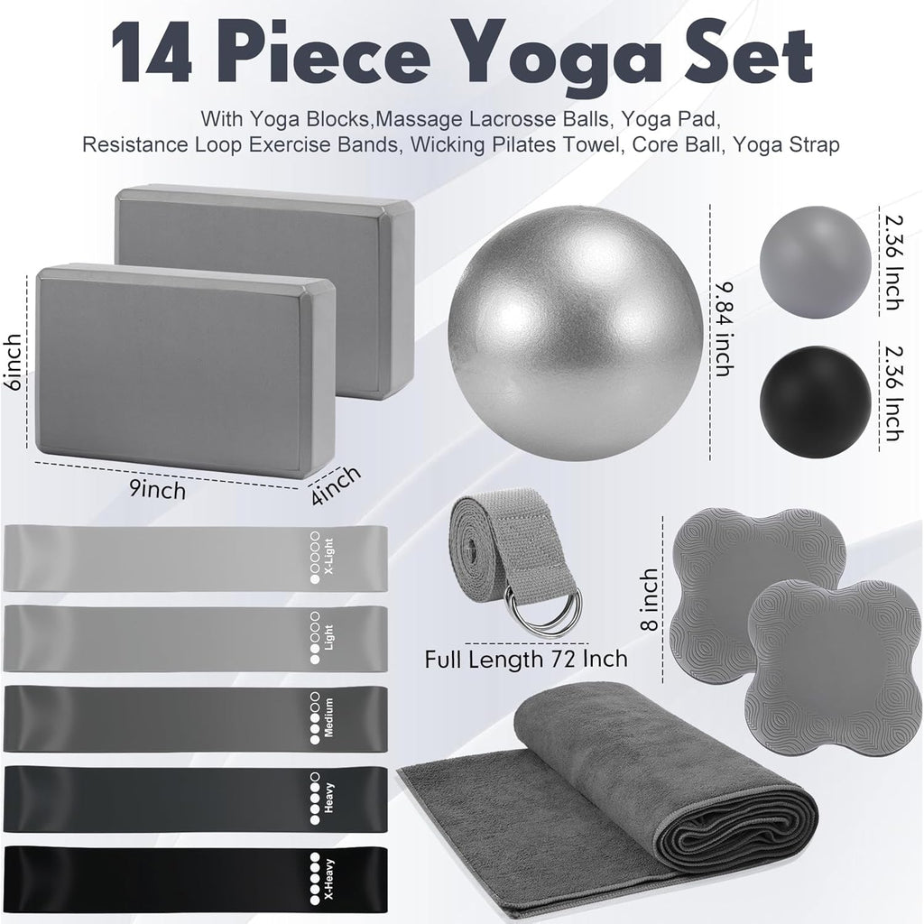 14 Pcs Yoga Kits for Home Workouts Pilates Equipment Set for Women Beginners, Hot Yoga Towel Blocks Strap, Knee Pad, Resistance Loop Exercise Band, Massage Lacrosse Ball, Pilates Ball