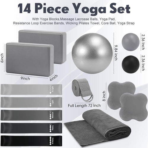 14 Pcs Yoga Kits for Home Workouts Pilates Equipment Set for Women Beginners, Hot Yoga Towel Blocks Strap, Knee Pad, Resistance Loop Exercise Band, Massage Lacrosse Ball, Pilates Ball