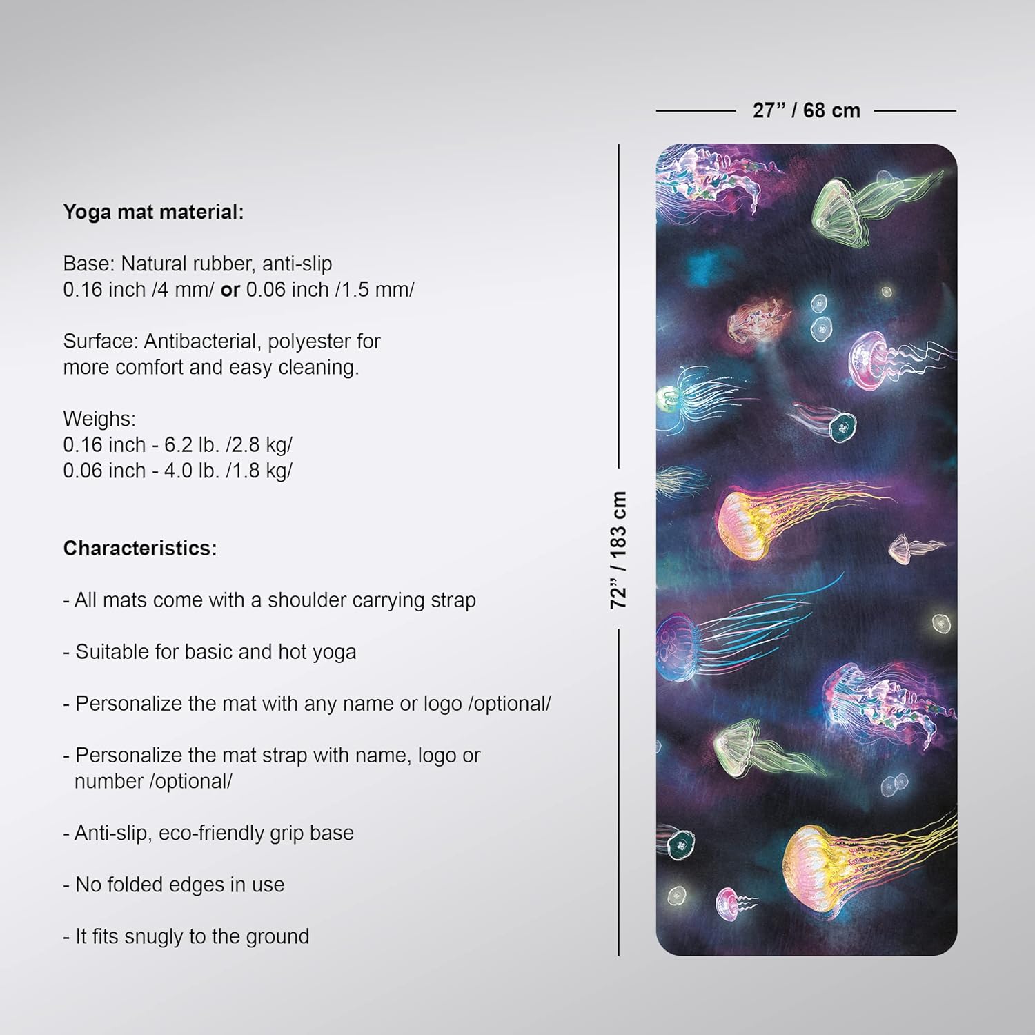 Glow Fitness Mat, Colrful Pilates Rug, Sea Life Anti-slip Workout Pad, 27"x72" (68x183cm), Y-94