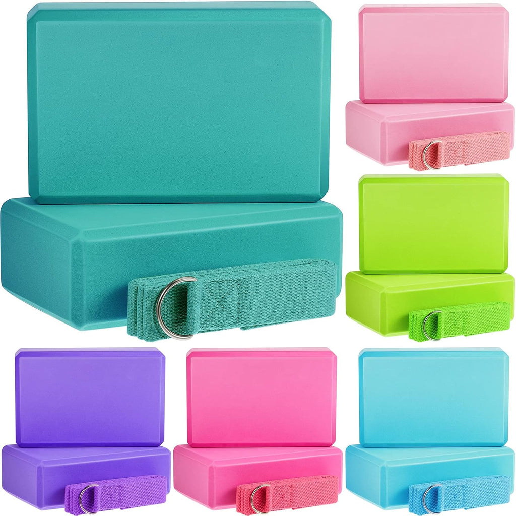 18-piece yoga block and stretching strap set, including 12 EVA foam yoga blocks (9 x 6 x ...3-inch) and 6 adjustable D-ring stretching straps (8 feet long); suitable for stretching, Pilates, gym workouts, and home exercise.