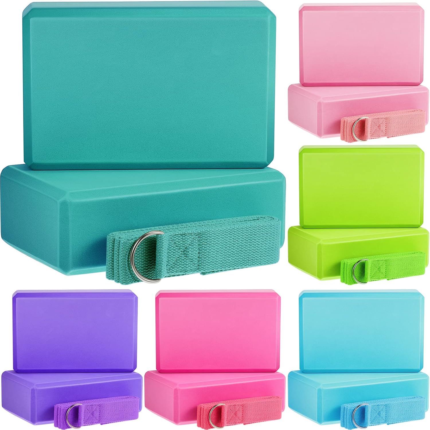 18-piece yoga block and stretching strap set, including 12 EVA foam yoga blocks (9 x 6 x ...3-inch) and 6 adjustable D-ring stretching straps (8 feet long); suitable for stretching, Pilates, gym workouts, and home exercise.